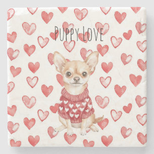 Porta-copo De Pedra Cachorro Chihuahua Creme Branco Corações Vermelhos