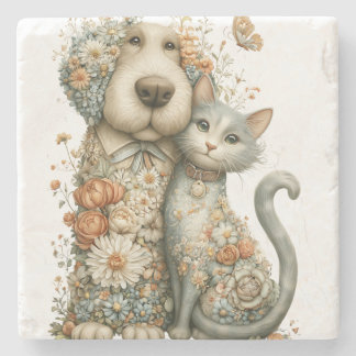 Porta-copo De Pedra Cachorro e Gato Melhores Amigos Coroados de Flores
