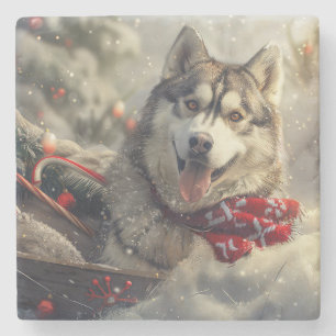 Porta-copo De Pedra Cachorro Husky Siberiano Natal Festivo