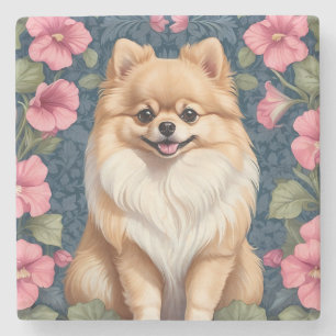 Porta-copo De Pedra Cachorro Pomerano Cachorro Com Petunias Rosa
