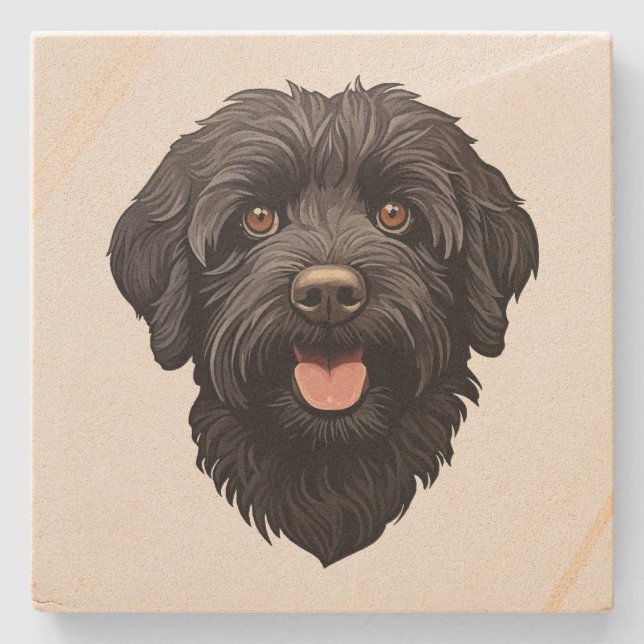 Porta-copo De Pedra Cachorro Preto Labradoodle (Frente)