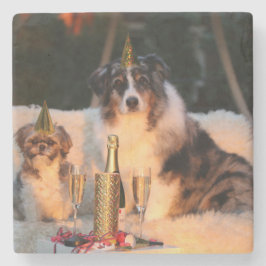 Porta-copo De Pedra Cães Celebrando Ano Novo