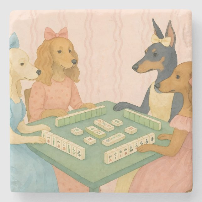 Porta-copo De Pedra Cães Lindos e Antigos Jogando Mahjong (Frente)