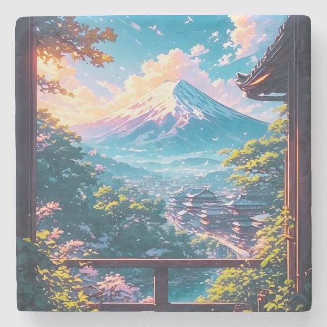 Porta-copo De Pedra Calma Matinal sobre Fuji (Frente)