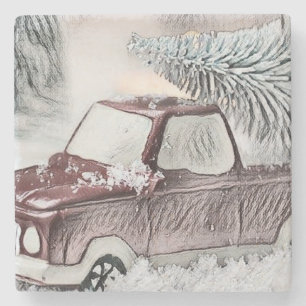Porta-copo De Pedra Caminhão Vermelho Vintage com desenho de árvore de