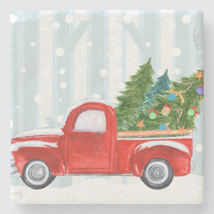 Porta-copo De Pedra Camionete vermelho do Natal em uma estrada nevado