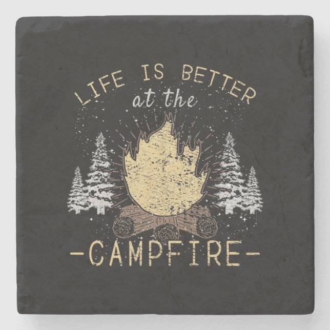 Porta-copo De Pedra Campfire - A Vida É Melhor Pelo Fogo (Frente)