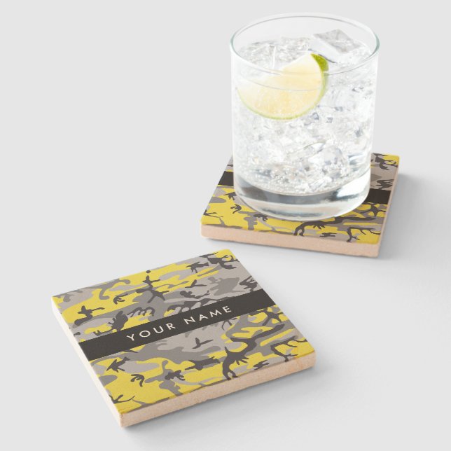 Porta-copo De Pedra Camuflagem Amarela e Cinza Seu nome Personaliza (Lateral)