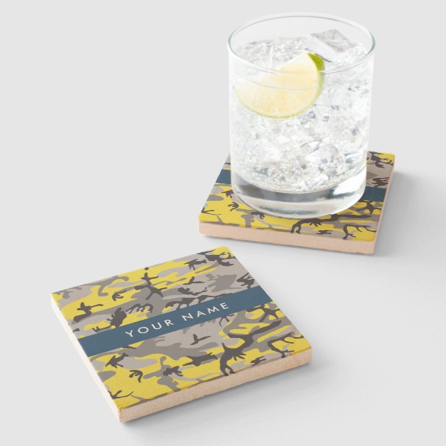 Porta-copo De Pedra Camuflagem Amarela e Cinza Seu nome Personaliza (Lateral)