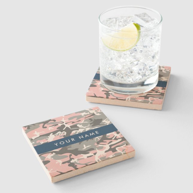 Porta-copo De Pedra Camuflagem rosa e Cinza Seu nome Personaliza (Lateral)