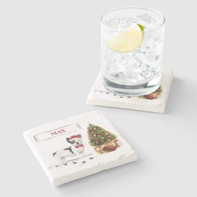 Porta-copo De Pedra Cão de Natal do Buldogue Negro e Branco (Lateral)