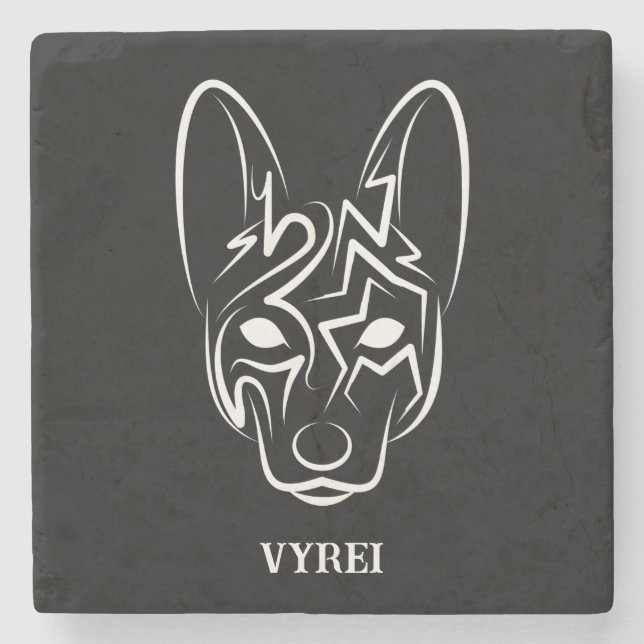 Porta-copo De Pedra Cão Negro e Tribal Branco (Frente)