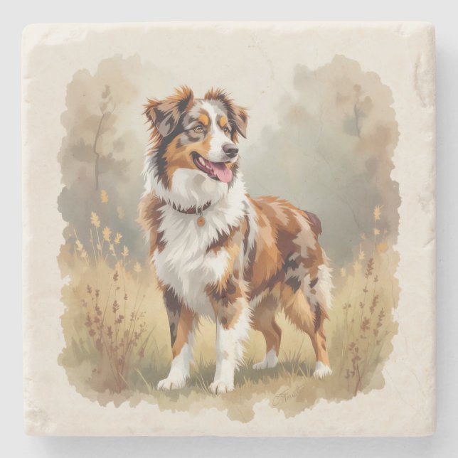 Porta-copo De Pedra Cão Pastor Australiano Vermelho Merle Aussie (Frente)