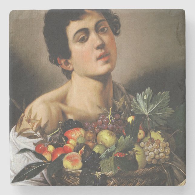 Porta-copo De Pedra Caravaggio - Garoto Com Cesta De Fruta (Frente)