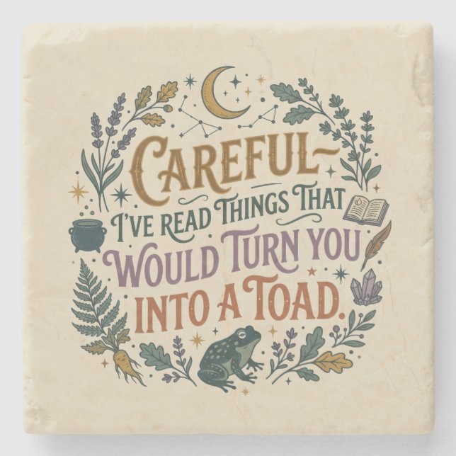 Porta-copo De Pedra Careful I've Read Things Funny Book Witch Quote  (Frente)