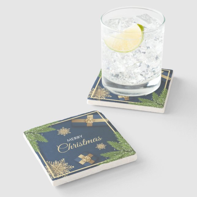 Porta-copo De Pedra Cartão de Natal Flocos de Neve Dourados, Feliz Nat (Lateral)