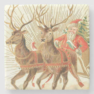 Porta-copo De Pedra Cartão Postal de Natal Vintage, Papai Noel com Ren