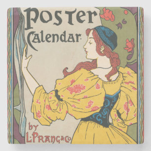 Porta-copo De Pedra Cartaz de Mulher com Vestido Amarelo Art Nouveau V