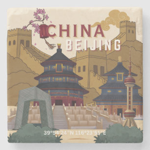 Porta-copo De Pedra Cartaz de Viagem de Pequim China Ilustração Vint