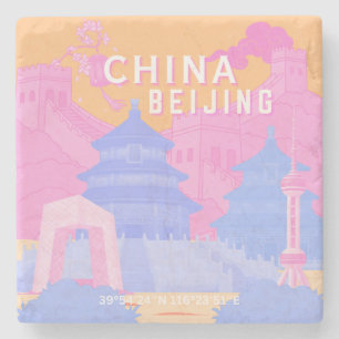 Porta-copo De Pedra Cartaz de Viagem de Pequim China Pastel Rosa & A