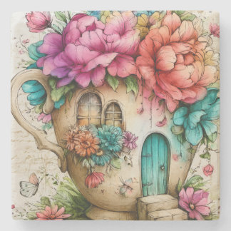 Porta-copo De Pedra Casa de Chá Floral Caprichosa