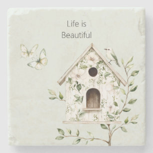 Porta-copo De Pedra Casa de Pássaros Verde Branco Folhas Flores Borbol