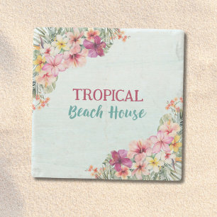 Porta-copo De Pedra Casa Tropical na Praia Flores Rosa Floral Botânico
