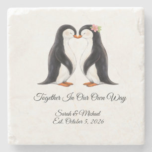 Porta-copo De Pedra Casal de Pinguins de Casamento Personalizado