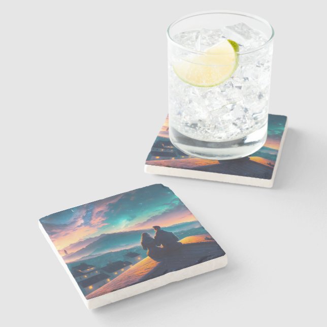 Porta-copo De Pedra Casal Sentado No Telhado (Lateral)