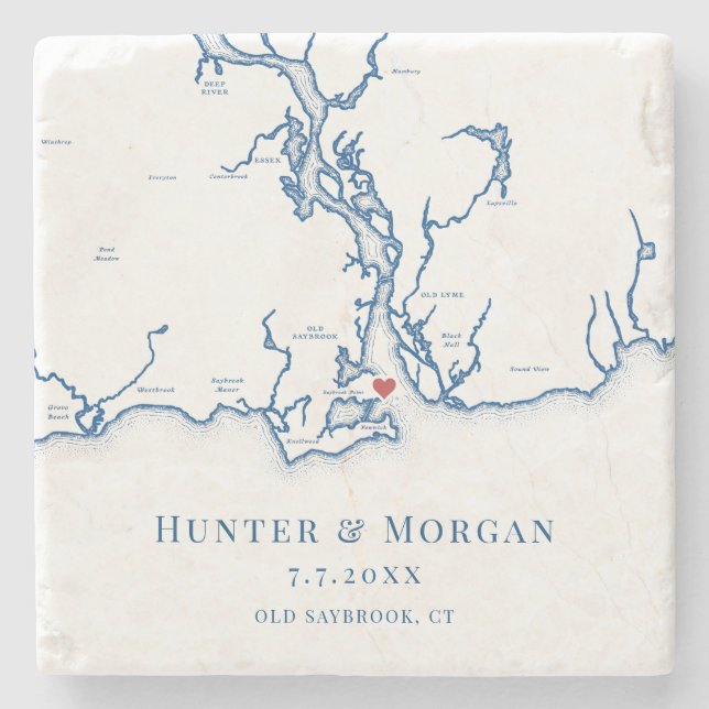 Porta-copo De Pedra Casamento Azul do Marinho do Mapa Saybrook CT (Frente)