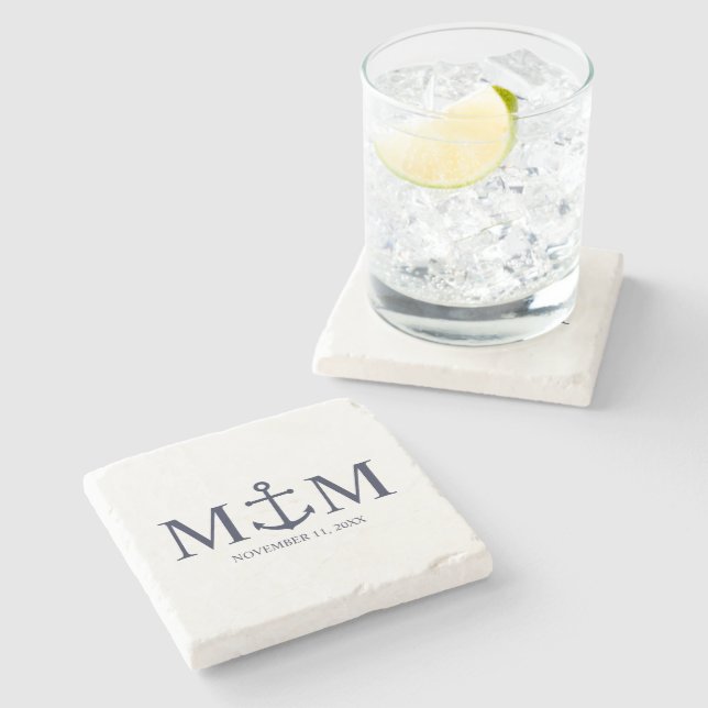 Porta-copo De Pedra Casamento de Âncora Azul Marinho Náutico (Lateral)