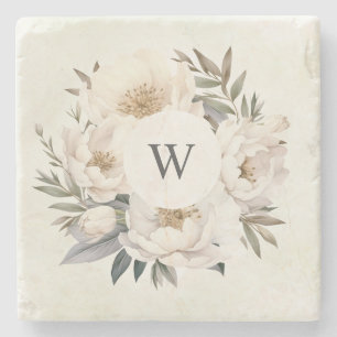 Porta-copo De Pedra Casamento de Monograma Floral Branco com Verdura R