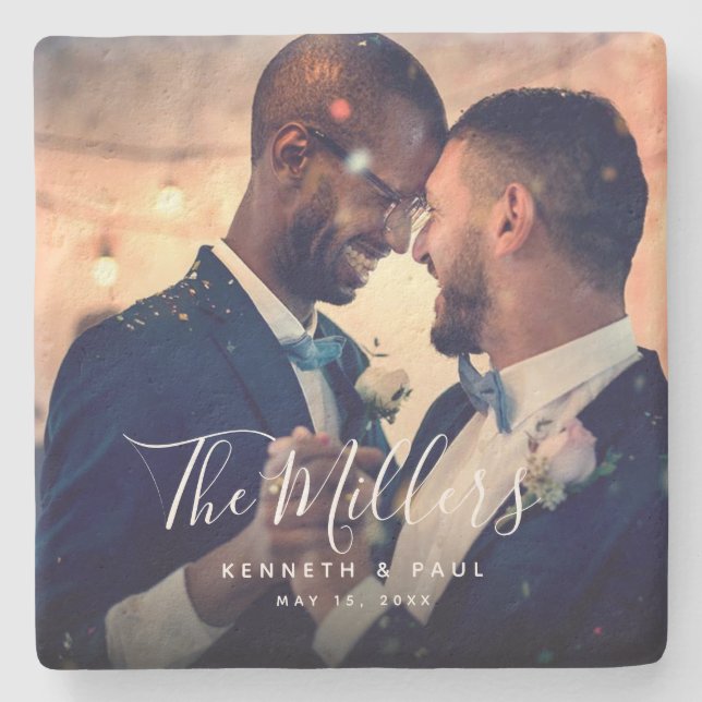 Porta-copo De Pedra Casamento de Newlyweds com Foto Script (Frente)