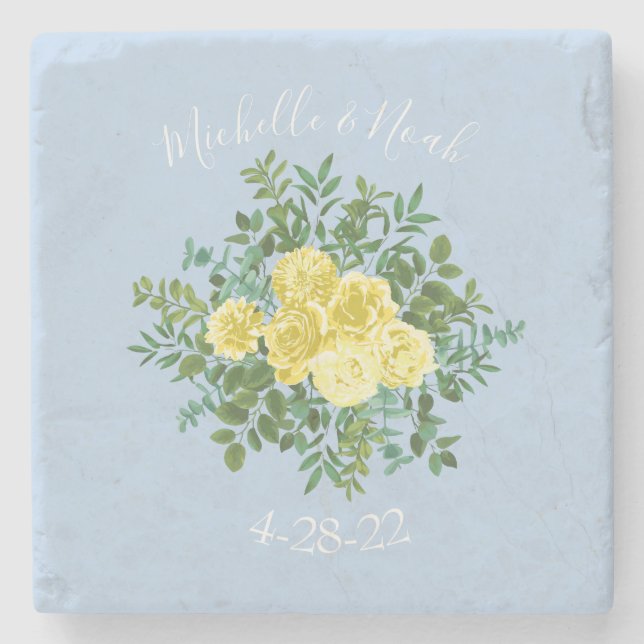 Porta-copo De Pedra Casamento de primavera de Rosa azul-amarelo e clar (Frente)