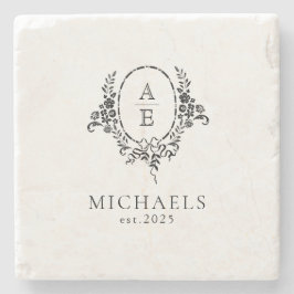 Porta-copo De Pedra Casamento do Monograma Floral Branco e Preto Elega