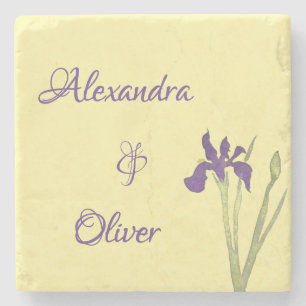 Porta-copo De Pedra Casamento em Aquarela Amarelo Manteiga e Roxo Íris