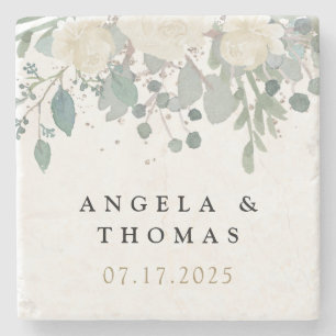 Porta-copo De Pedra Casamento Floral Dourado Branco Rosas de inverno