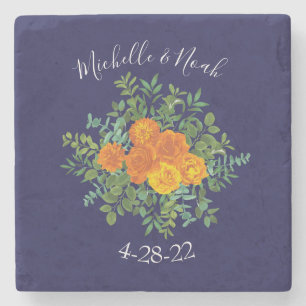 Porta-copo De Pedra Casamento Moderno Floral Rosa Azul e Laranja