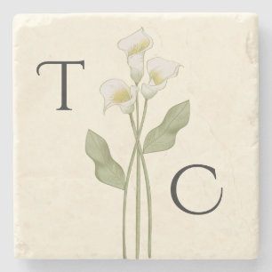 Porta-copo De Pedra Casamento Monograma de Lírio Art Nouveau Creme