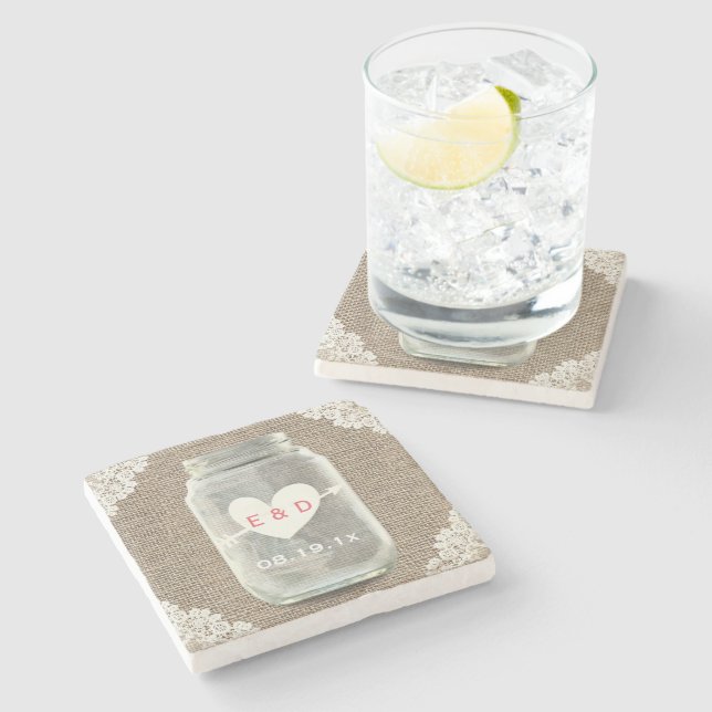 Porta-copo De Pedra Casamento Rustic Lace & Burlap Mason Jar (Lateral)