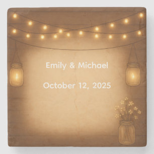 Porta-copo De Pedra Casamento Rustic Mason Jar & String Lights