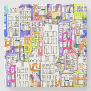 Porta-copo De Pedra Casas de Amsterdã: Padrão Sem Costura De Aquarela