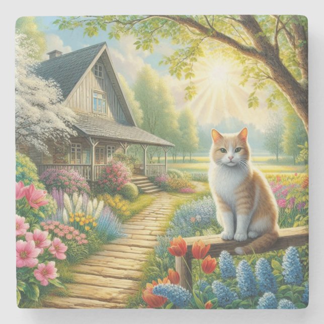 Porta-copo De Pedra Casca de primavera/jardim e gato (Frente)