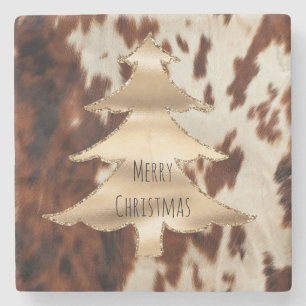 Porta-copo De Pedra Castanho Cream Western Cowhide Christmas