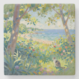 Porta-copo De Pedra Cat Flowers And Sea