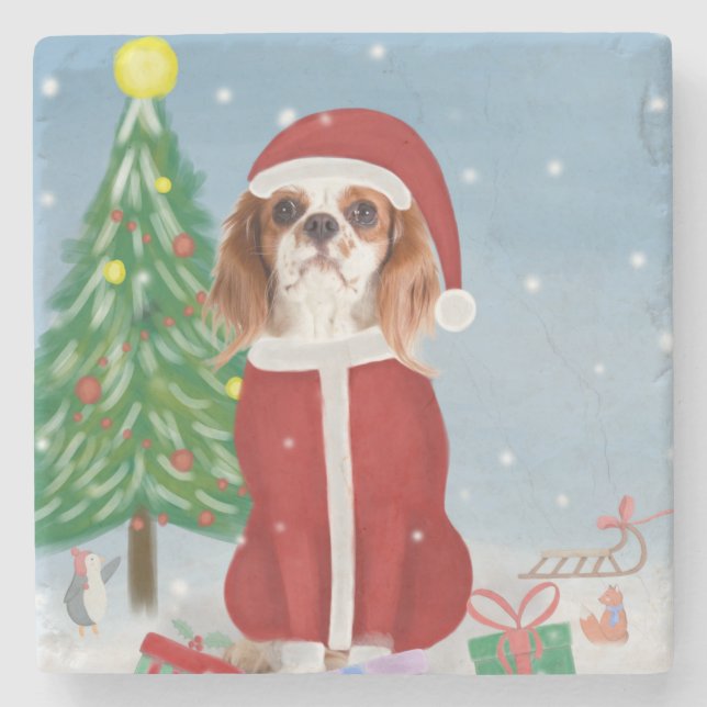 Porta-copo De Pedra Cavalier King Dog em Neve com presentes de Natal (Frente)