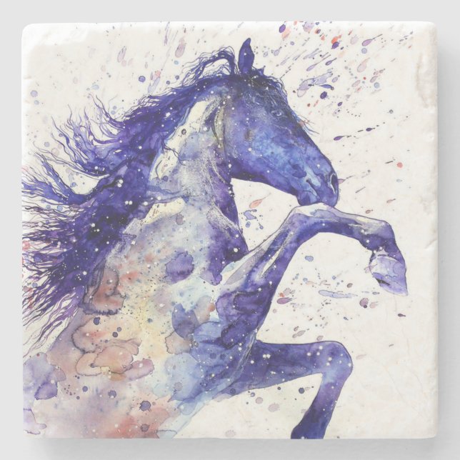Porta-copo De Pedra Cavalo Artístico Aquarela Tinta Spritz Azul (Frente)