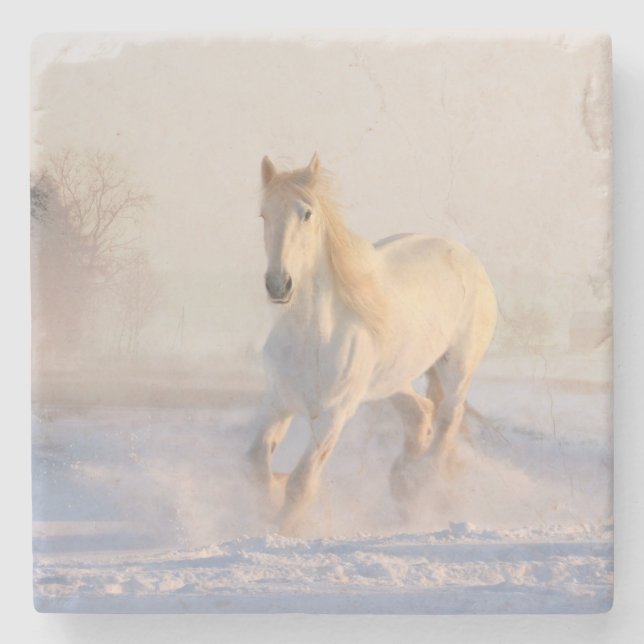 Porta-copo De Pedra cavalo branco em neve (Frente)