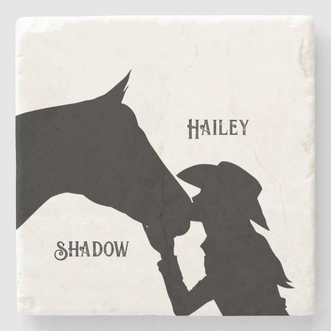 Porta-copo De Pedra Cavalo e garota beijam Cowgirl oeste (Frente)