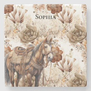 Porta-copo De Pedra Cavalo Ocidental Creme Marrom Floral